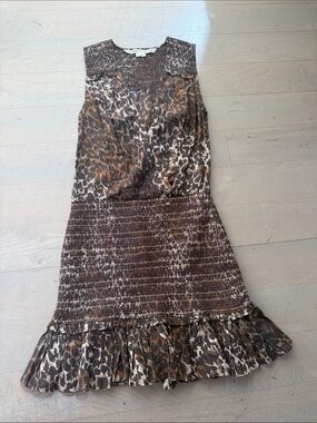 Veronica Beard Sleeveless Leopard Smocked Bodice Ruffle Dress